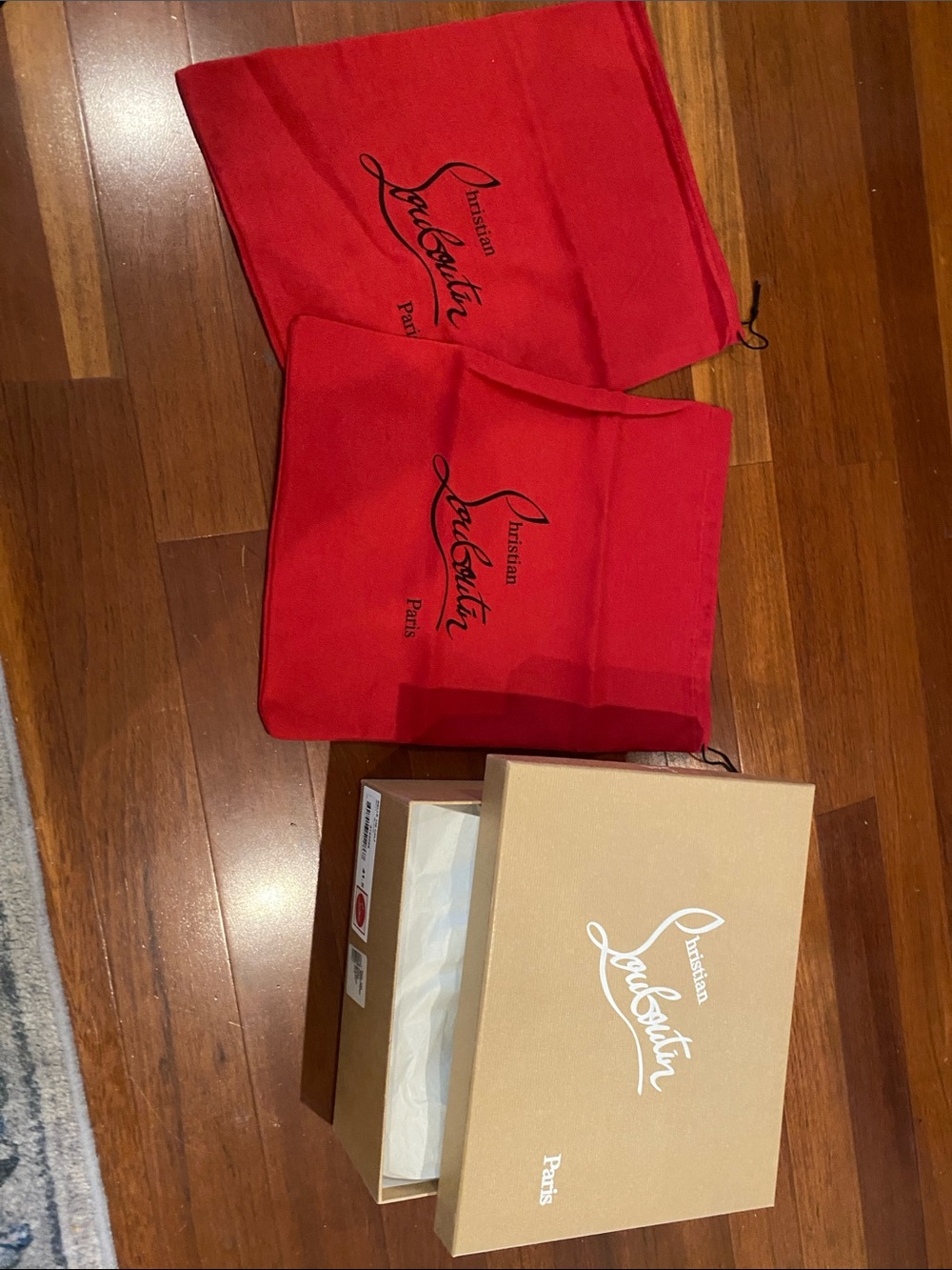 Christian Louboutin Red Drawstring Dust Bags and Beige Logo Shoe Box